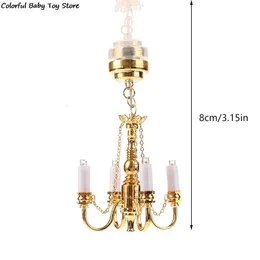 1 12 Dollhouse Miniature Lamp LED Ceiling Lamp Gold Chandelier Droplight Lighting Home Furniture Model Decor Toy 240123