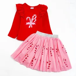 Vestidos de menina Girlymax Natal Inverno Bebê Meninas Roupas Candy Cane Tutu Saia Vestido Babados Conjunto Acima do Joelho Roupas Infantis