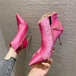 Boots Metal Chain Patchwork Women Shoes Pointed Toe Botte Femme Ankle High Short Fine Heels Solid Color PU Leather Zapatos Mujer