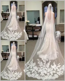 Säljer billigast i lager Long Chapel Length Bridal Veil Applicies 2015 Veu de Noiva Longo Wedding Veil Spets Purfle med COMB3580481