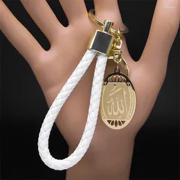 Keychains Islamic Arab Allah Stainless Steel Pendant Keychain For Women Men Gold Color PU Leather Muslim Arabic Keyring Jewelry Llaveros