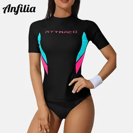 Anfilia Camisa feminina de manga curta com proteção contra queimaduras, roupa de banho, top de surf, camisa UPF 50 240131