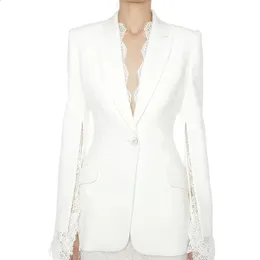 Alta qualidade est designer blazer feminino manga fenda renda embelezada jaqueta de botão único 240130