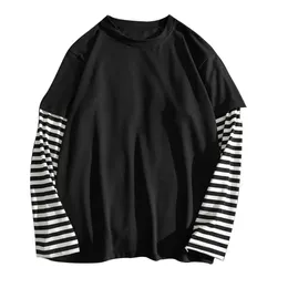 학생 Tshirts 가짜 2 조각 세트 줄무늬 긴 소매 o 목 단순한 캐주얼 스프링 탑 티 셔츠 남성 학교 240123