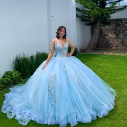 Splendidi abiti Quinceanera blu cielo per abito da ballo con perline di pizzo applique da 15 anni Abito da festa lungo sexy con spalle scoperte per ragazza