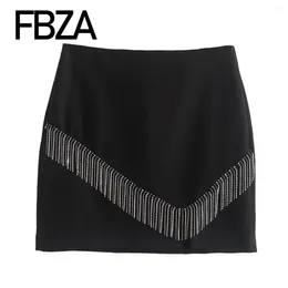 Saias fbza mulheres moda 2024 primavera jóias artificiais borla uma linha mini saia chique feminino design cintura alta curto mujer