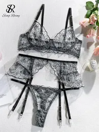 Bras Sets SINGREINY Sheer Ruffles Porno Underwear Suits Backless Bodycon Straps Women Sleepwear Transparent Sexy Lingerie 3 Pieces