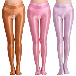 Mulheres meias brilhantes japonês sexy aberto virilha calças óleo brilhante crotchless meia-calça elástica meias de seda meias de cintura alta leggings