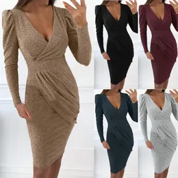 Freizeitkleider Damen Temperament Blase Ärmel Lange Party Mode Sexy Slim Fit V-Ausschnitt Paket Hüftkleid Cocktail