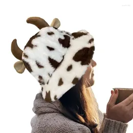 Berets Cow Print Hats For Women Soft Plush Bucket Hat With Cute Horn Winter Fluffy Fisherman Cap Warm Outdoor Men