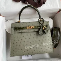 10s Tote Çanta Çanta Tasarımcı Torbası Moda Lüks Cüzdanlar Kadın Timsah Deri Kadınları ile Gerçek Devekuşu 25cm Damgalı Kilitli Eşarp At Cazibesi Kutu