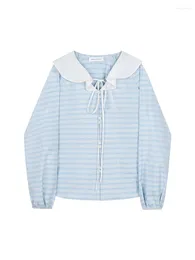 Women's Blouses Kawaii Blue Long Sleeve Striped Women Crop Top Ruffled Collar Korean Lantern Shirts Autumn Winter