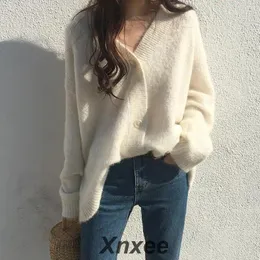 レディースニットニットセーター女性2024秋のファッションシングル胸長い袖のルースカーディガンソリッドメスアウターウェアxnxee