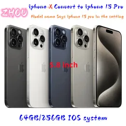 Original Unlocked iPhone X Covert till iPhone 15 Pro -mobiltelefon med 15 Pro Camera -utseende 3G RAM 64 GB 256 GB ROM Mobiltelefon