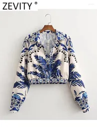 Camicette da donna Zevity Donna Vintage Posizione Totem Stampa floreale Camicia corta Lady Orlo a maniche lunghe Camicetta kimono elastica Chic Blusas Tops