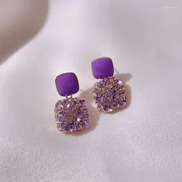 Orecchini pendenti quadrati viola per le donne zircone intarsiato appeso Eardrop gocciolante olio moda ragazza regalo gioielli