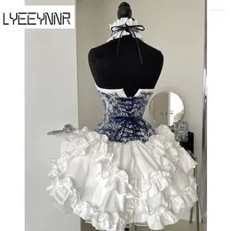 Casual Dresses Lyeeynnr Ruffles Patchwork Axless Dress Women Slim Midja A-Line Mini Party Japan Style Fashion Sexy Vestidos Mujer