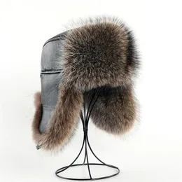 Winter Mens 100% Real American Raccoon Fur Bomber Hat Ushanka Cap Trapper Russian Man Ski Hats Caps Real Leather 240123