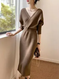 Brown Evening Women's Dresses Pink Female Dress Crochet Blue Long Robe Knit Bodycon Maxi Clothing Solid V Neck Sensual Sexy 240124