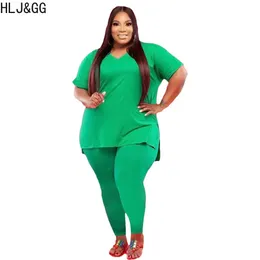 Hlj gg casual cor sólida combinando agasalhos plus size feminino decote em v manga curta topo e calças magras conjuntos de duas peças roupas 240129