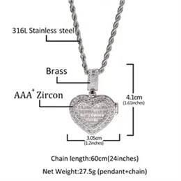 Women Men Custom Photo Necklaces Iced Out CZ Zircon Diamond Heart Clamshell Heart Pendant Charm Necklace Hip Hop Bling Jewelry For Lovers Gift