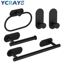 No Drilling Black Bathroom Accessories Sets Toilet Tissue Roll Paper Holder Towel Rack Bar Rail Ring Robe Clothes Hook Hardware 240123