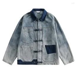 Männer Jacken Schnalle Mantel Harajuku Paar Patchwork Revers Vintage Denim Jacke Chinesische Casual Kleidung Frühling Autum Homme