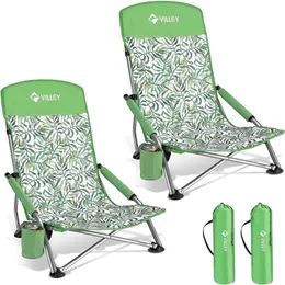 Low Beach Chairs for Adults 2 Pack High Back Folding Beach Chairs and Portable for Outdoor with Cup Holder and Carry Bag 240124