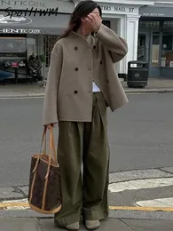 Mulheres gola de lã trench coat elegante vintage solto inverno lã jaqueta moda duplo breasted quente rua blusões 240123