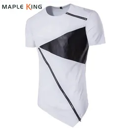T Shirt Men Personality tailoring Long Patchwork Leather Zipper Tshirt Men Hiphop Short Sleeve Longline Casual Top Tee 240122