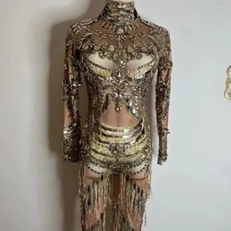 Bühnenkleidung Sexy glitzernder goldener Strass-Pailletten-Overall, Abend, Geburtstag, Feiern, Fransen, Hochzeit, Abschlussball, Party, Pografie-Kostüm