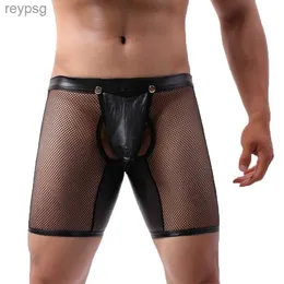 Briefs Panties Mens Sexy Boxer Shorts Removable PU Penis Pouch Crotchless Underwear U Convex Open Butt Trunks See Through Mesh Exotic Lingerie YQ240215