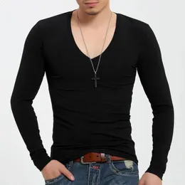 Moda 2023 oversize luxo masculino manga longa camiseta com vneck e alto estiramento fino ajuste golf lycra tecido topo 240130