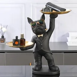 Dekorat żywicy rzeźba francuska Buldog Butler z tacą Nordic na żywo Statua Gay Figurine 240127