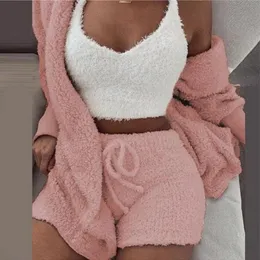 Fluffy Pajamas Set for Women Casual Sleepwear Tank Top and Shorts Plus Size Hoodie Leisure Homsuit Winter 3 Pieces Pijamas 240129