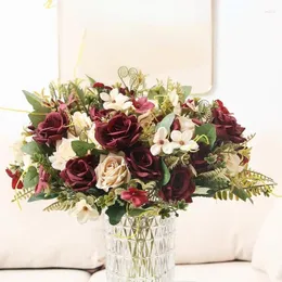 Декоративные цветы, имитация филанделя, скрученные розы, пучок шелковых поддельных зеленых растений, украшение для ресторана, искусственная роза, винно-красный цветок