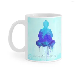 Mugs Blue Buddha akvarell Illustration Zen och andlig design för vit mugg 11 oz roliga keramiska kaffe te mjölkkoppar