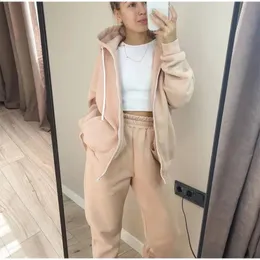 Women Fleece Coat Two Piece Set Solid Drawstring Zip Sweatshirt och Straight Trouser Suits Female Warm Sports Outfits 240122