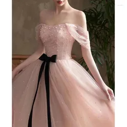 Party Dresses Bomaris Pink Off-Shoulder Long Evening Gowns A-Line Vestidos De Festa Pearls Black Bow Abendkleider Formal Prom