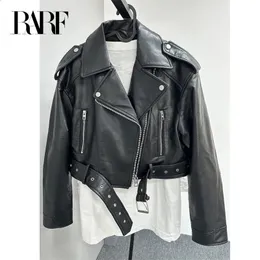 RARF Damen-Jacke aus gewaschenem Leder mit Gürtel, Kurzmantel mit abgestuftem Reißverschluss und Vintage-Revers, Jacke 240131