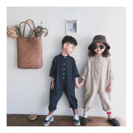 Spring Unisex Kids Overalls Cotton Linen Loose Trousers Korean Style Baby Boys Girls Jumpsuits Children Clothes 240127