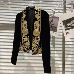 Spring Autumn Jacket Black women Small Blazer Embroidered Flower Velvet Suit Short Coat 240130