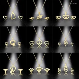 Necklace Earrings Set 20set/lot Stainless Steel Gold Color Love Heart Pendant Chain Stud Earring For Women Fashion Jewelry Wholesale