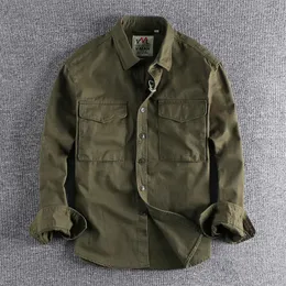 Retro Männliche Cargo Hemd Jacke Leinwand Baumwolle Khaki Militär Uniform Licht Casual Arbeit Safari Stil Hemden Herren Top Kleidung 240125