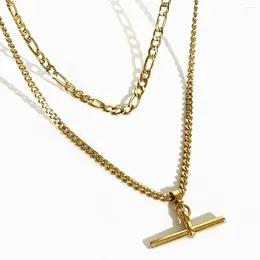 Pendant Necklaces Peri'sbox Free Tarnish Stainless Steel 18K Gold Pvd Plated Double Layered Chain T Bar Necklace For Women Albert Chains