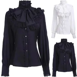 Vintage viktorianska ruched spetsskjortor och blusar gotiska lolita långärmad rufsar solid svart vit toppar skjorta för kvinnor 240202