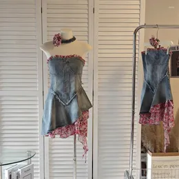 Lässige Kleider Sexy trägerloses rückenfreies unregelmäßiges Patchwork-Kleid Blau Denim Weiblicher Kurzer für Frauen Kleidung Sommer Strand Tragen Jean