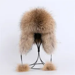 100 ٪ Fox Fox Hat Womens Russian Ushanka Trapper Snow Snowing Hat Caps Earflap Winter Raccoon Fur Bomber Hat 240123