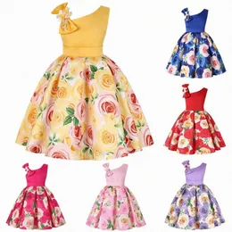 Girls Dresses Skew Shoulder Children one-piece Dress Rose Print Evening Holiday Performance Skirt Green Red Pink z5rS#