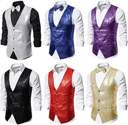 Male Sequin Blazer Button Waistcoat Vest with Bow Tie Fashion Mens Business Evening Wedding Party Glitter Sleeveless Slim Vest 240202